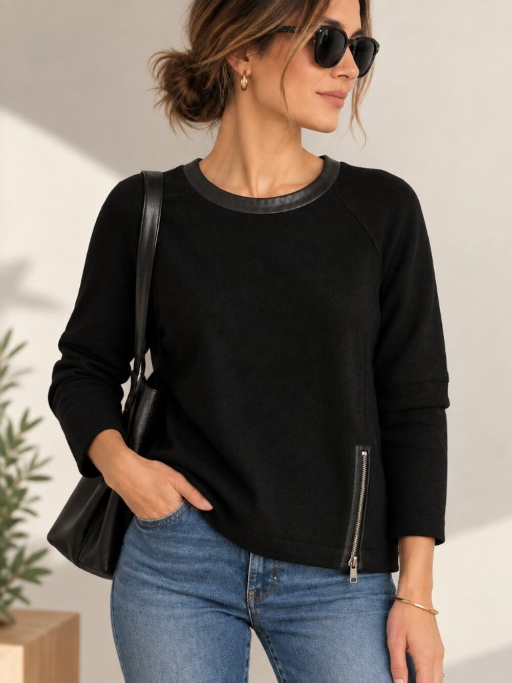 Madewell Black Linen Viscose Sweater Leather Trim Side Zip XXS